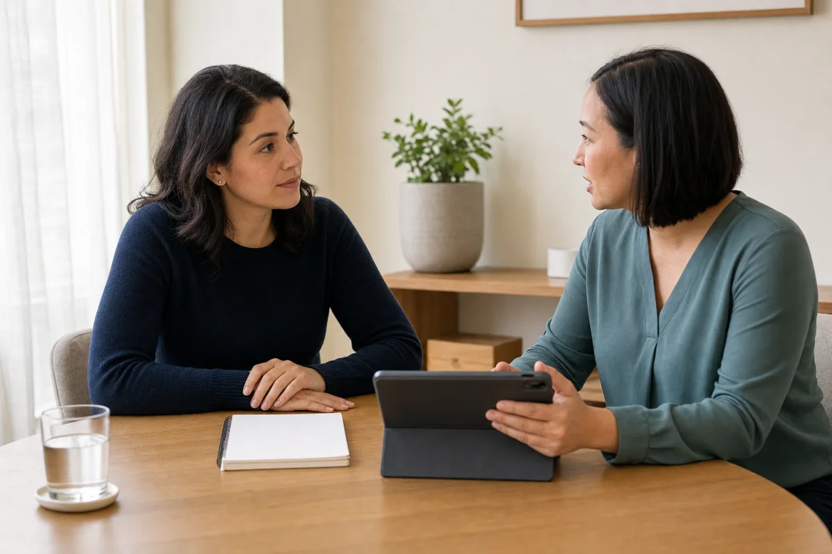 A patient and clinician discussing fertility treatment options together.